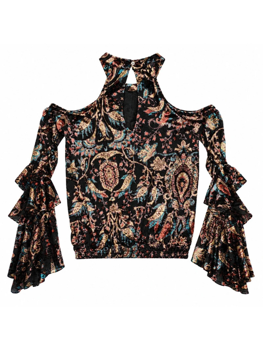 Venus NWT Women's 8 Burnout Velvet Paisley Cold Shoulder Ruffle Top Whimsigoth